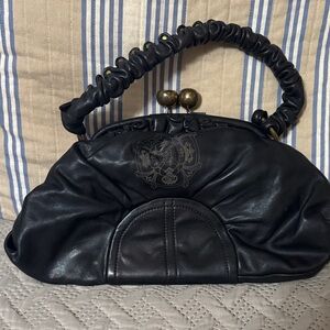Kate Landry Black leather Clutch with Beaded Handle